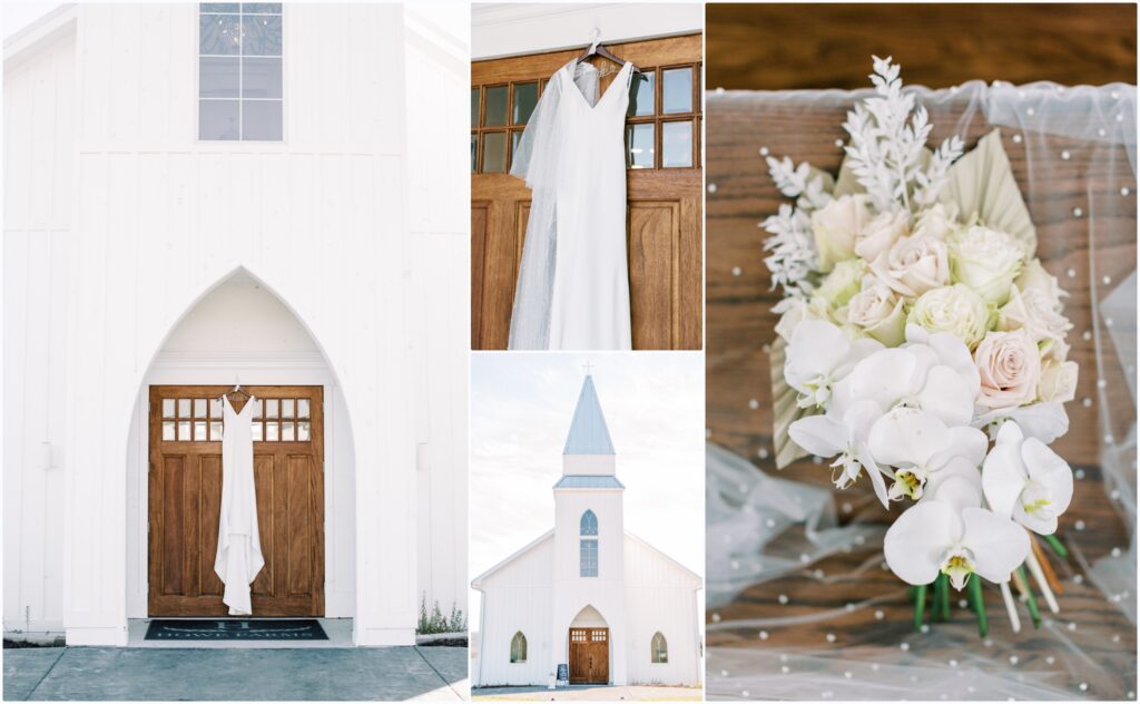 Classic Modern Wedding Gown hanging on doors in front of wedding chapel