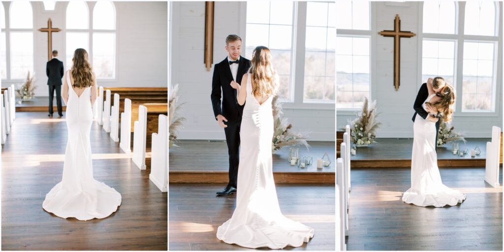 Groom turns around to see his beautiful bride 
