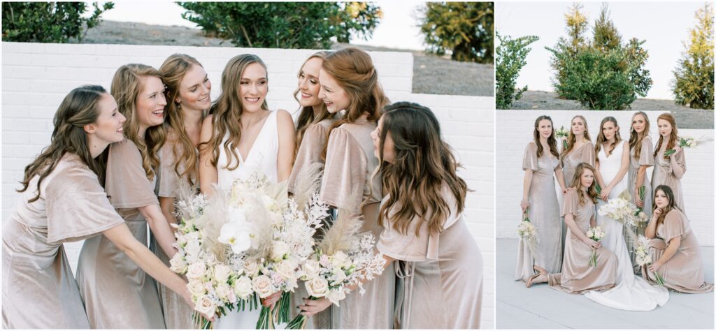 Bridesmaids and bride pose for a picture holding their dried floral boquets