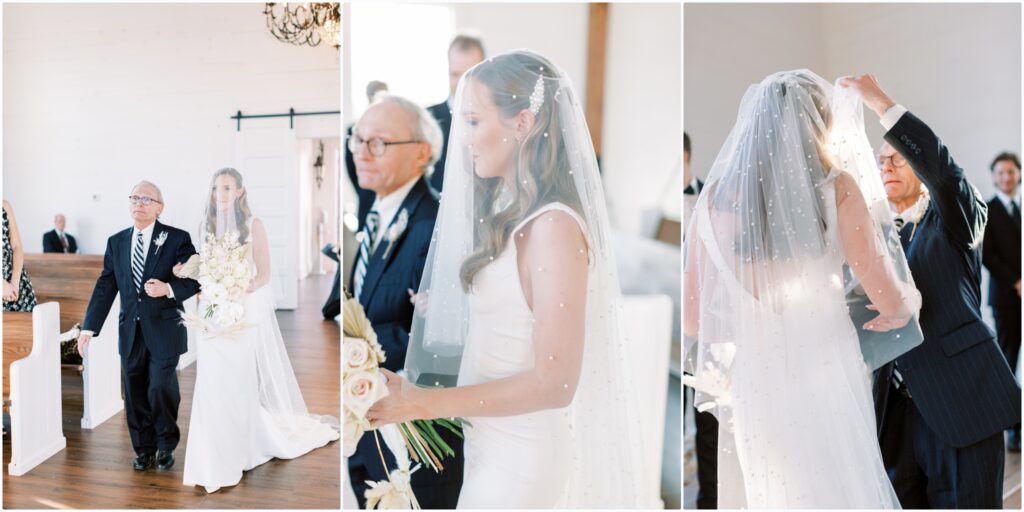 The bride walking down wearing the blusher