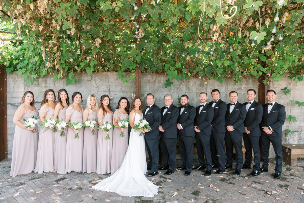 Wedding party and bridal party pose for a picture on top of the wedding venue located downtown knoxville